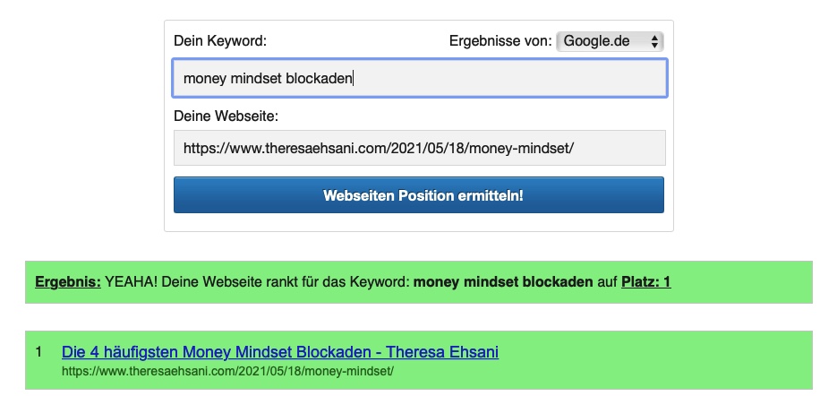 Theresas Blogartikel steht auf Platz 1. (Screenshot Google Ranking Check)